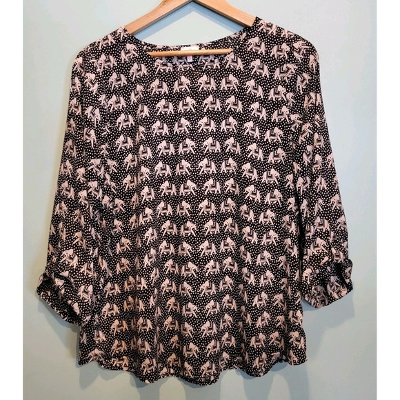Black Tan Elephant Novelty Lightweight Roll Tab Sleeve Top Pixley Sz L - Picture 1 of 8